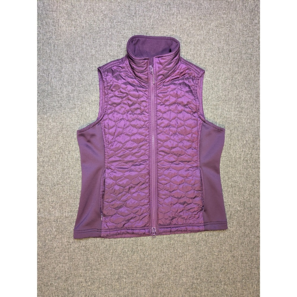LL Bean Womens Quilted Hybrid Vest Purple Logo Full Zip Mock Neck Medium